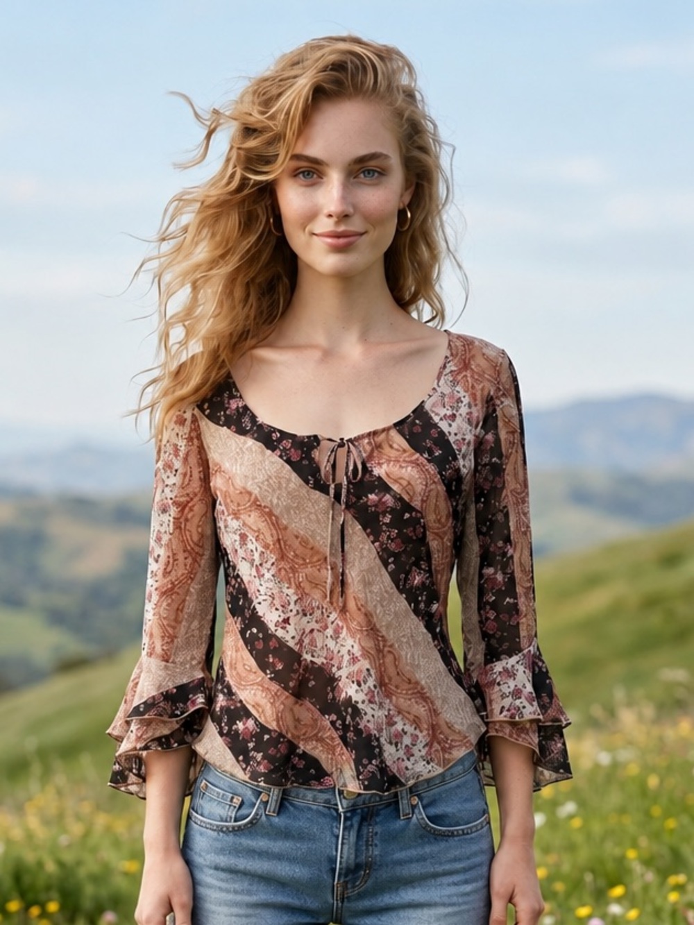 Y2K Womens Large Boho Patchwork Bell Sleeve Chiffon Top Fairycore Floral Blouse